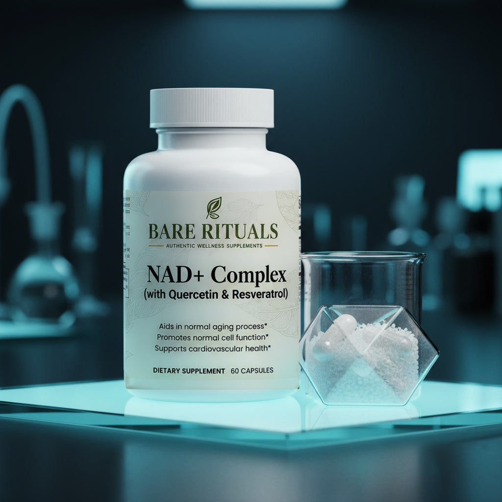 Premium NAD+ bottle photographed in a science-inspired setting