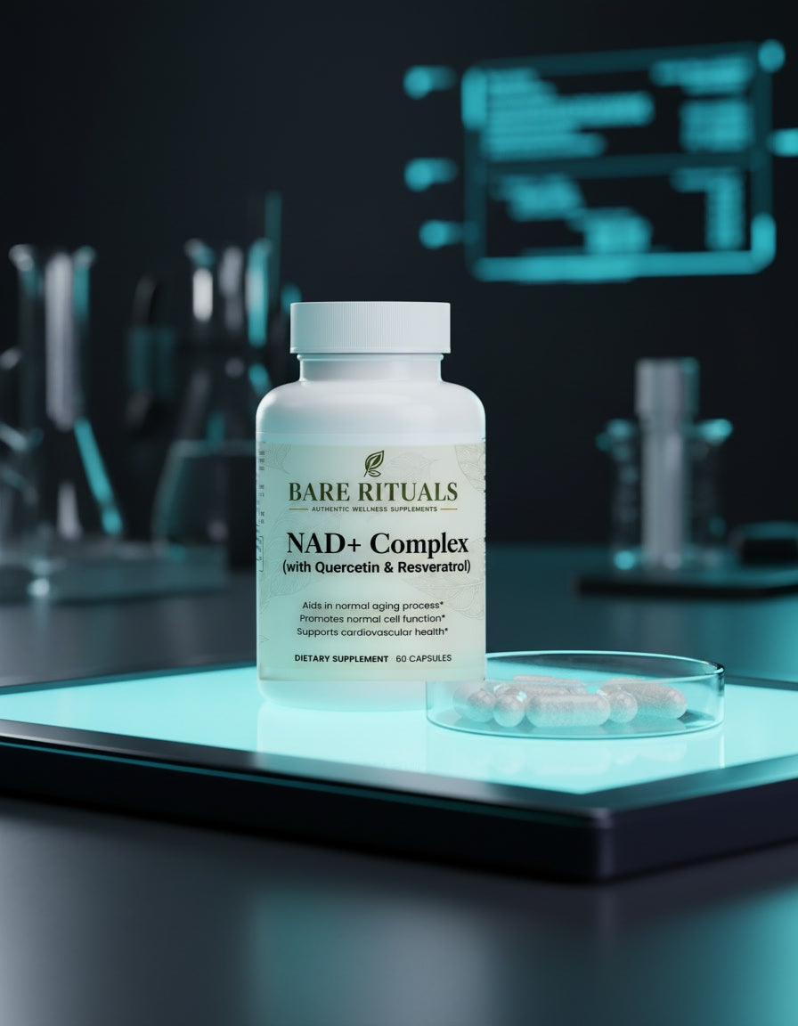 Scientific mitochondrial recovery themed visual with NAD+ bottle