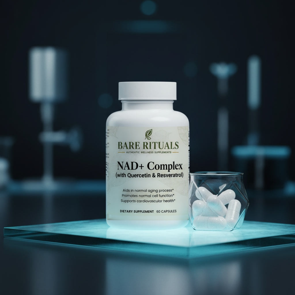 Premium NAD+ bottle in a science-inspired setting